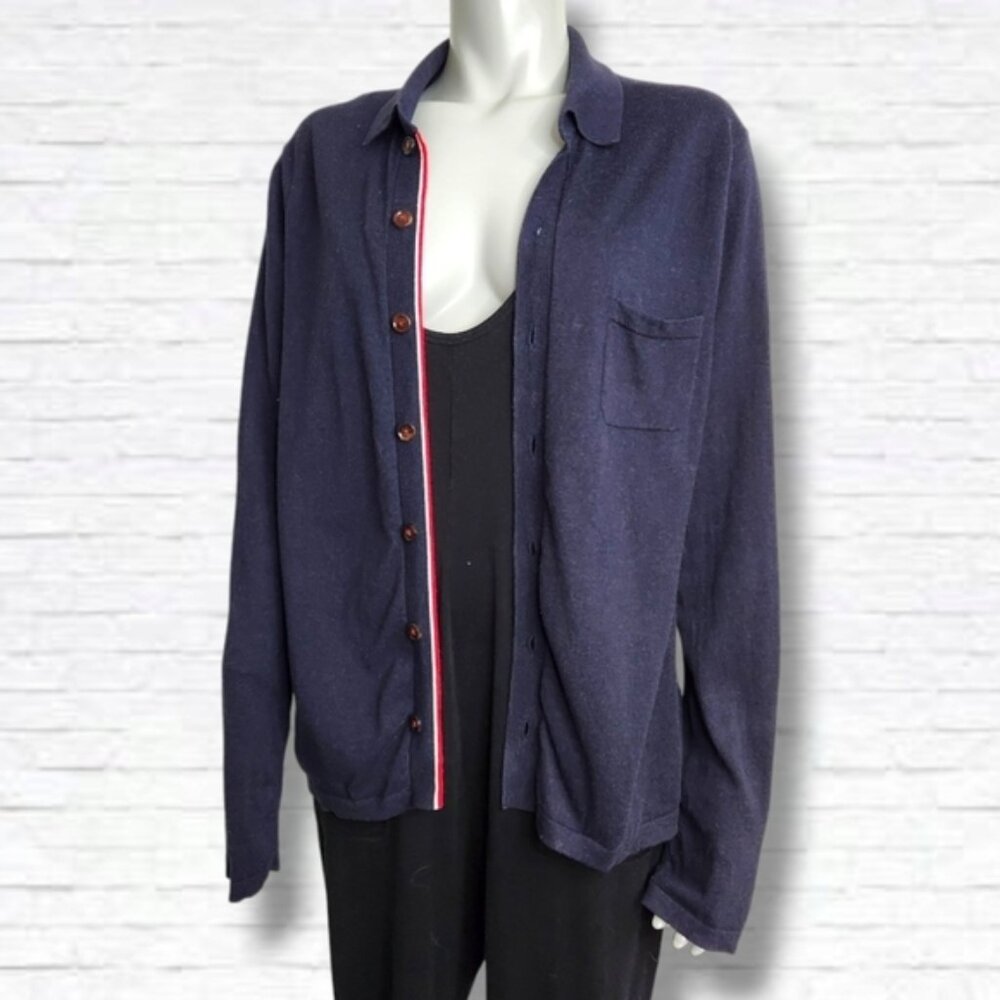 Carolina Herrera Navy Blue Button Up Collared Cardigan with Elbow Patches Size M